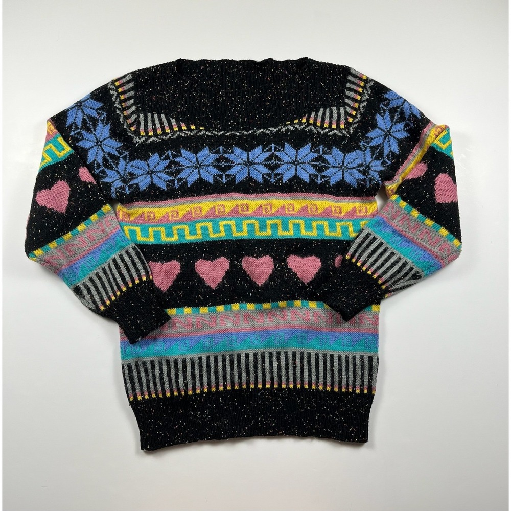 Vintage 80s Andes Fair Isle Heart Snowflake Knit Sweater Preppy Ugly Christmas M